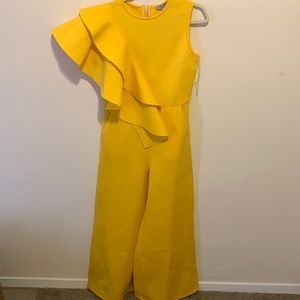 Ruffle shoulder, wide leg, yellow jumpsuit